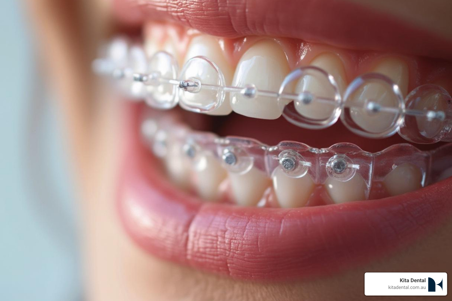 Close-up of clear Invisalign aligners, demonstrating their discreet appearance on teeth - mascot dental surgery Close-up of clear Invisalign aligners, demonstrating their discreet appearance on teeth - mascot dental surgery