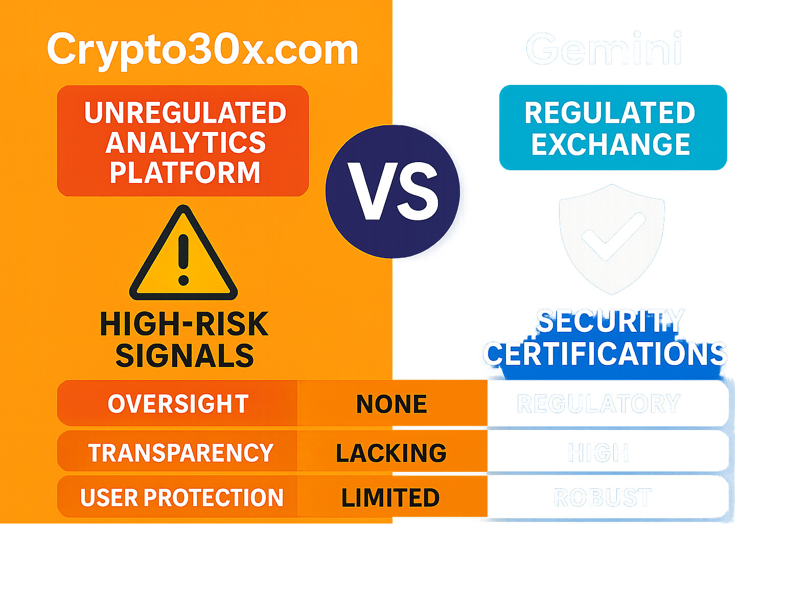 Comprehensive comparison infographic showing Crypto30x.com as an unregulated analytics platform with high-risk signals versus Gemini as a regulated exchange with security certifications, highlighting the key differences in oversight, transparency, and user protection - crypto30x.com gemini infographic 
