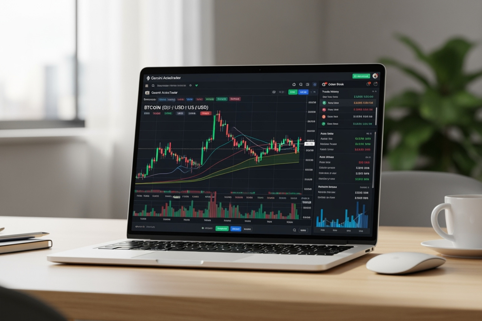 Gemini ActiveTrader interface on a laptop displaying advanced charting and trading options - crypto30x.com gemini