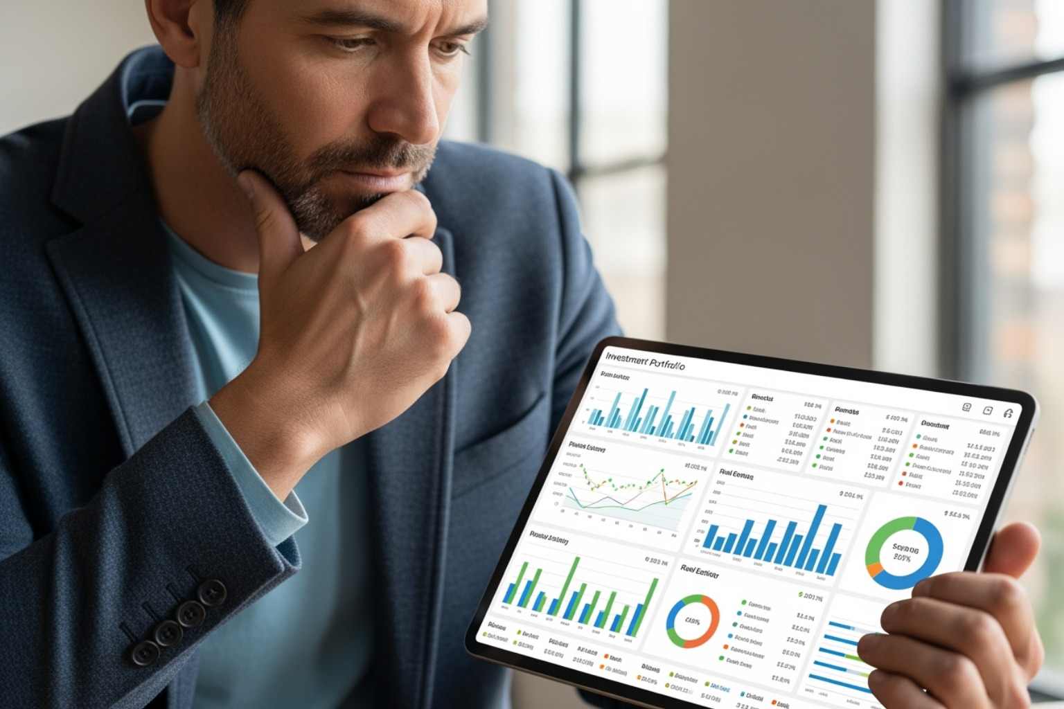 A person thoughtfully examining a diverse investment portfolio displayed on a tablet - crypto30x.com gemini