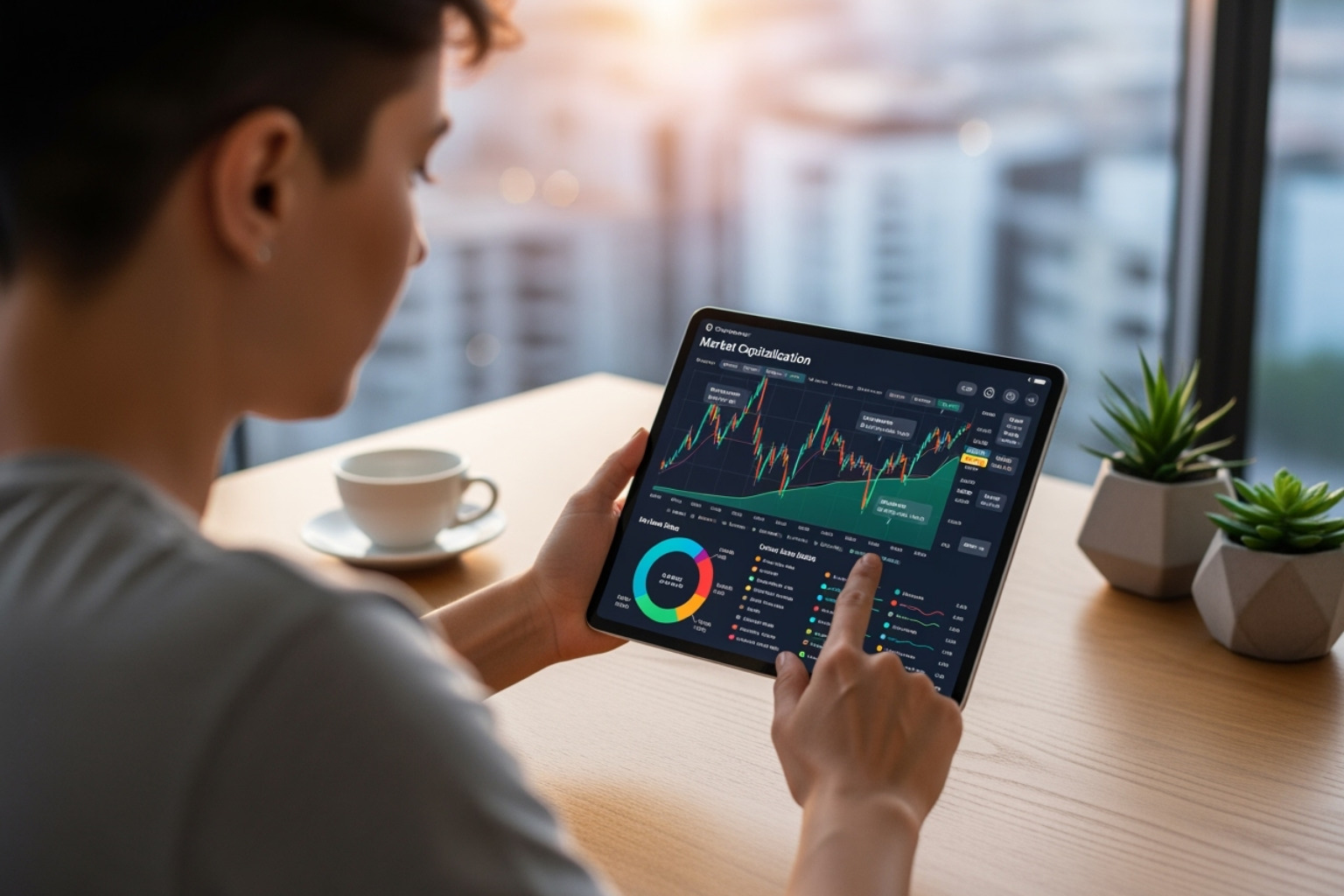 User interacting with a crypto market cap chart on a tablet - fintechzoom.com crypto market cap