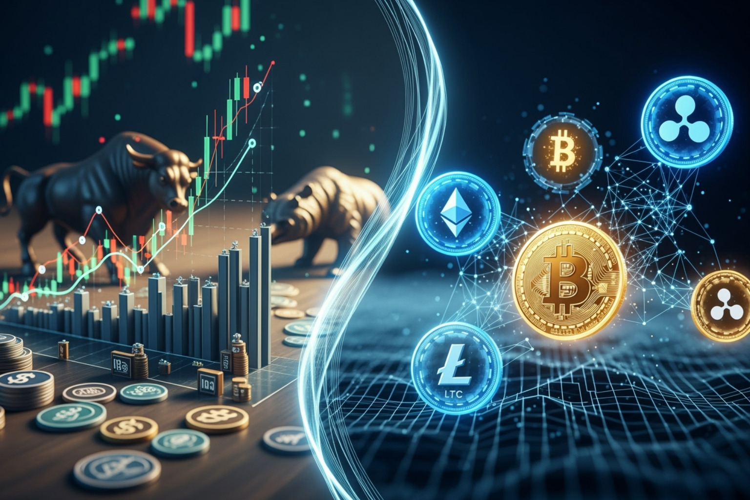 Diverse investment portfolio graphic including crypto and stocks - fintechzoom.com crypto market cap
