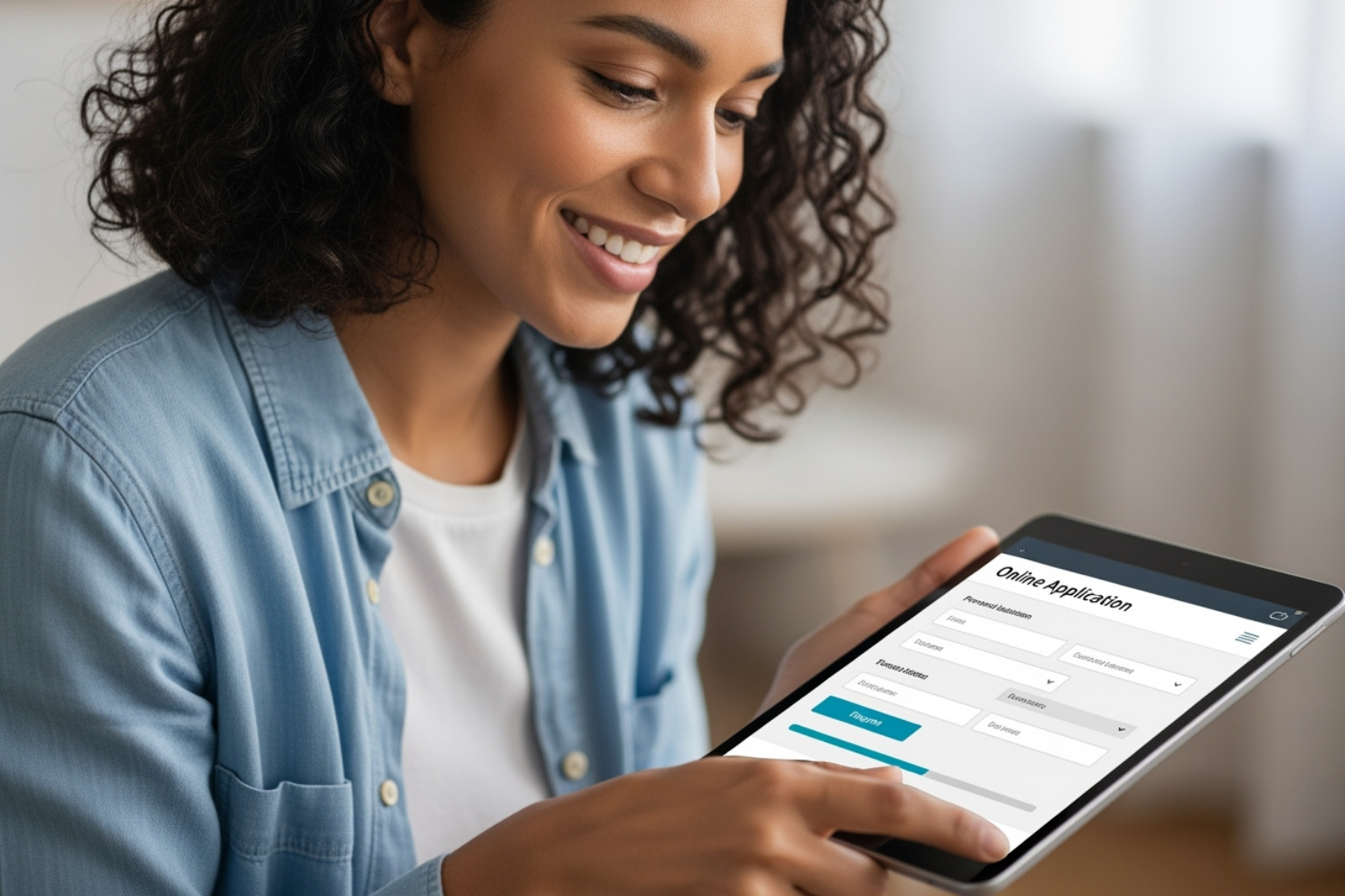 A person smiling while easily filling out an online application on a tablet, with a clean and user-friendly interface visible on the screen - traceloans.com auto loans