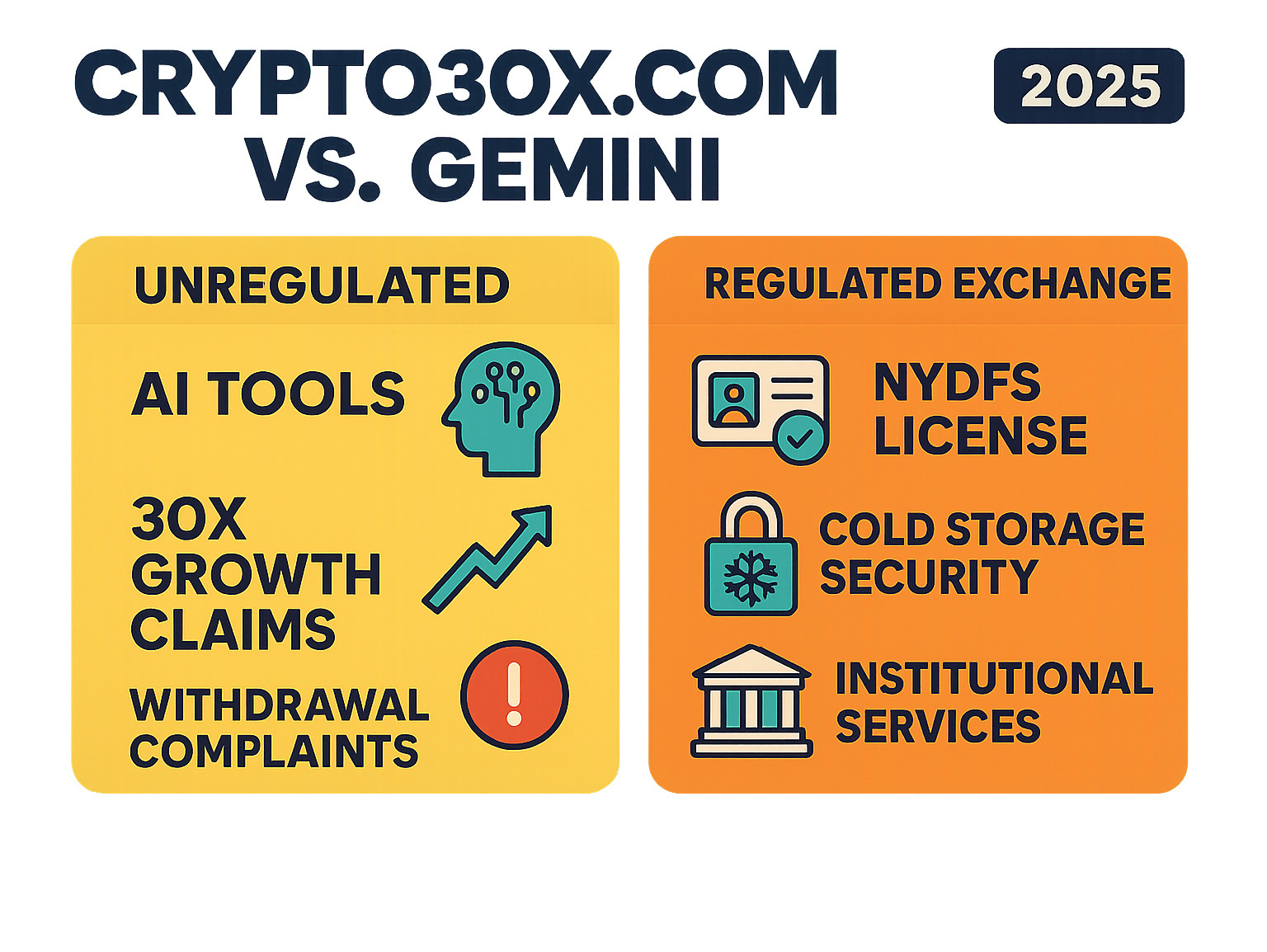 Infographic showing the key differences between Crypto30x.com (unregulated analytics platform with AI tools, 30x growth claims, and withdrawal complaints) versus Gemini (regulated exchange with NYDFS license, cold storage security, and institutional services) - crypto30x.com gemini infographic 
