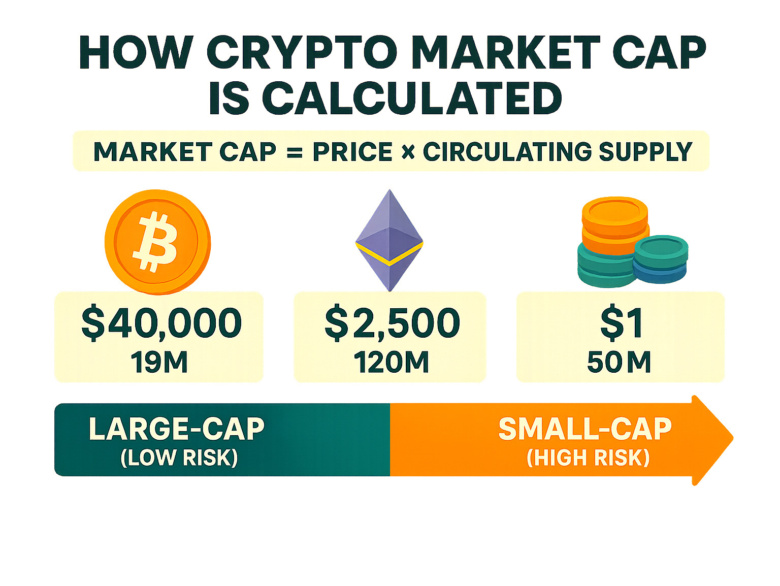 Infographic showing how crypto market cap is calculated with visual examples of Bitcoin, Ethereum, and smaller altcoins, including the formula: Market Cap = Price × Circulating Supply, with risk categories from large-cap (low risk) to small-cap (high risk) - fintechzoom.com crypto market cap infographic 