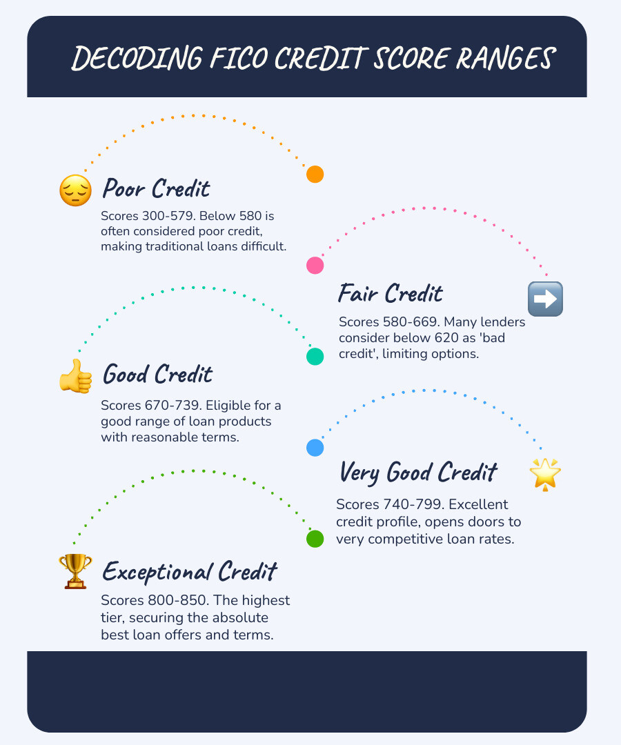 Infographic showing FICO credit score ranges: Exceptional (800-850), Very Good (740-799), Good (670-739), Fair (580-669), and Poor (300-579), with bad credit typically defined as scores below 620 and poor credit below 580 - traceloans.com bad credit infographic infographic-line-5-steps-blues-accent_colors