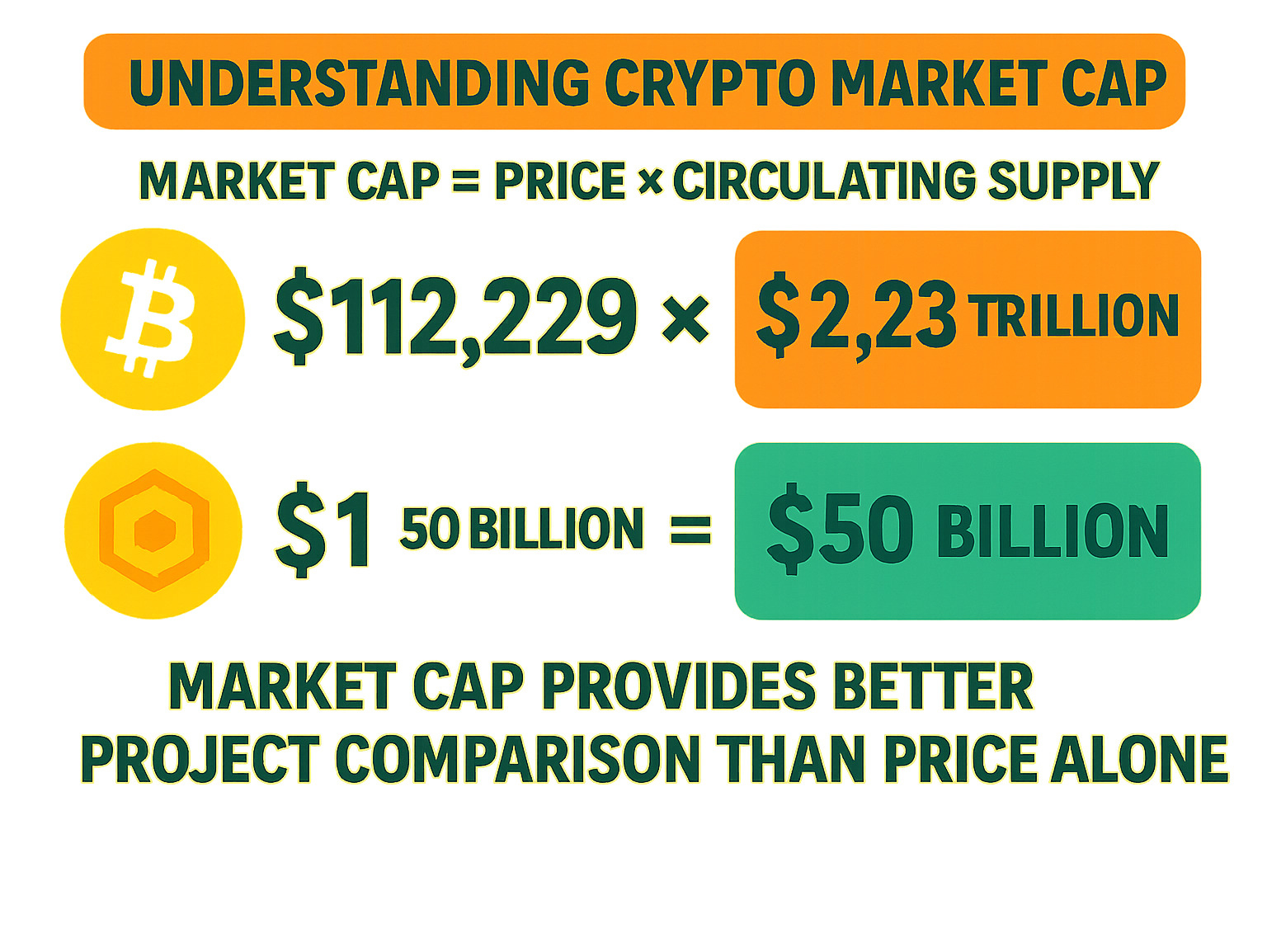 Infographic showing cryptocurrency market cap calculation with examples of Bitcoin at $112,229 price times 19.8 million circulating supply equals $2.23 trillion market cap, compared to a hypothetical altcoin at $1 price times 50 billion supply equals $50 billion market cap, illustrating why market cap provides better project comparison than price alone - fintechzoom.com crypto market cap infographic 