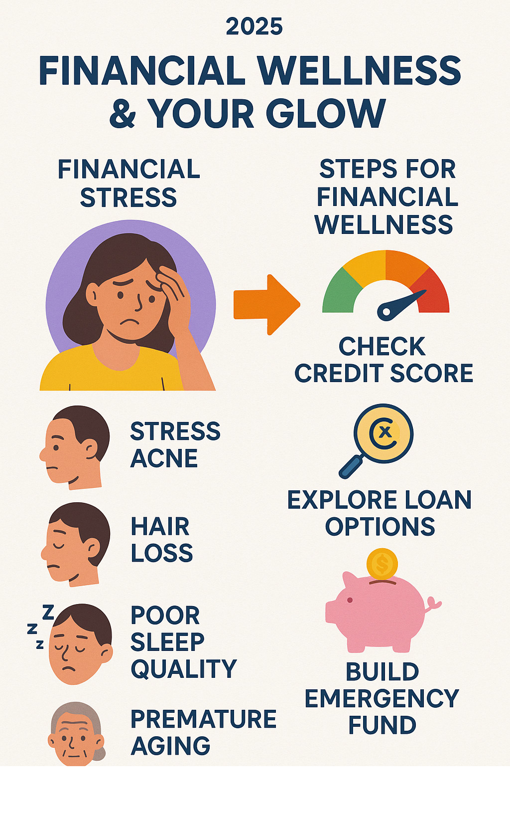Detailed infographic showing the connection between financial stress and physical symptoms including stress acne, hair loss, poor sleep quality, and premature aging, alongside steps for financial wellness including checking credit scores, exploring loan options, and building emergency funds - traceloans.com bad credit infographic 