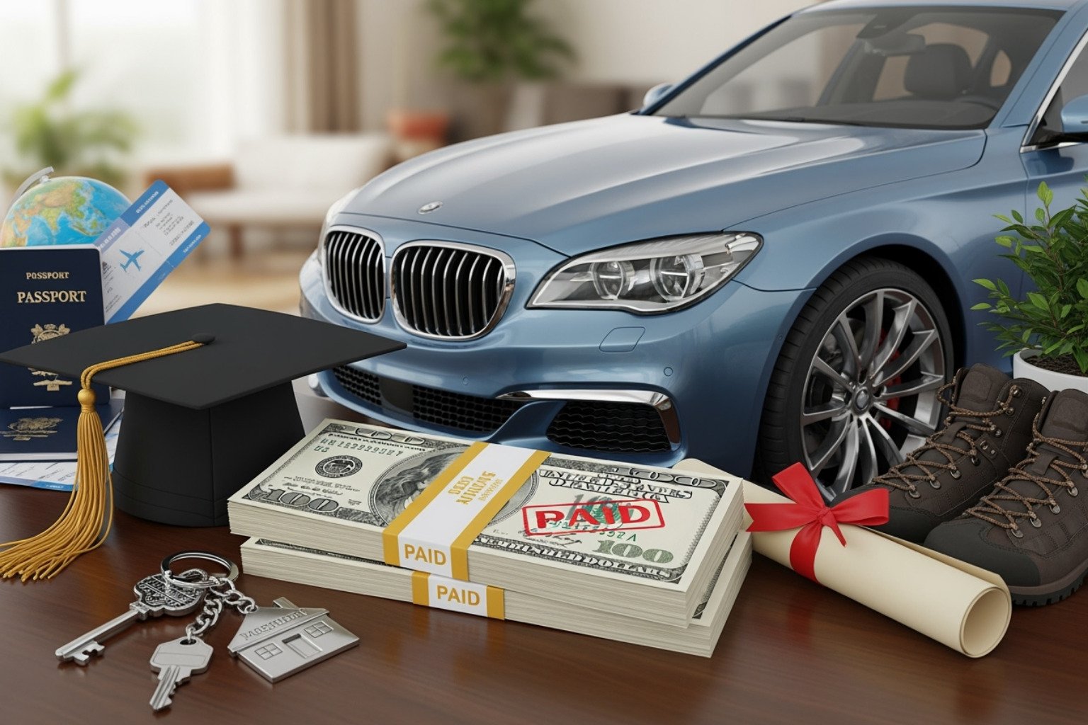 various life goals being funded, like a new car, a diploma, and a consolidated bill statement - traceloans.com personal loans