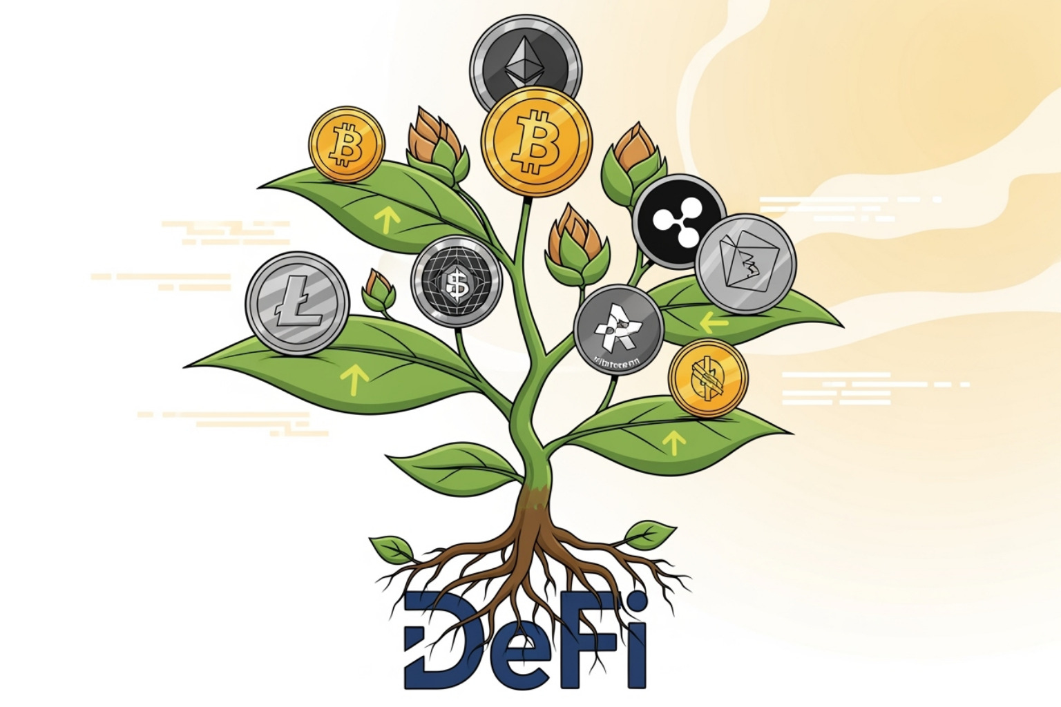 Illustration of passive income growth through DeFi, showing coins growing on a plant - crypto30x.com defi