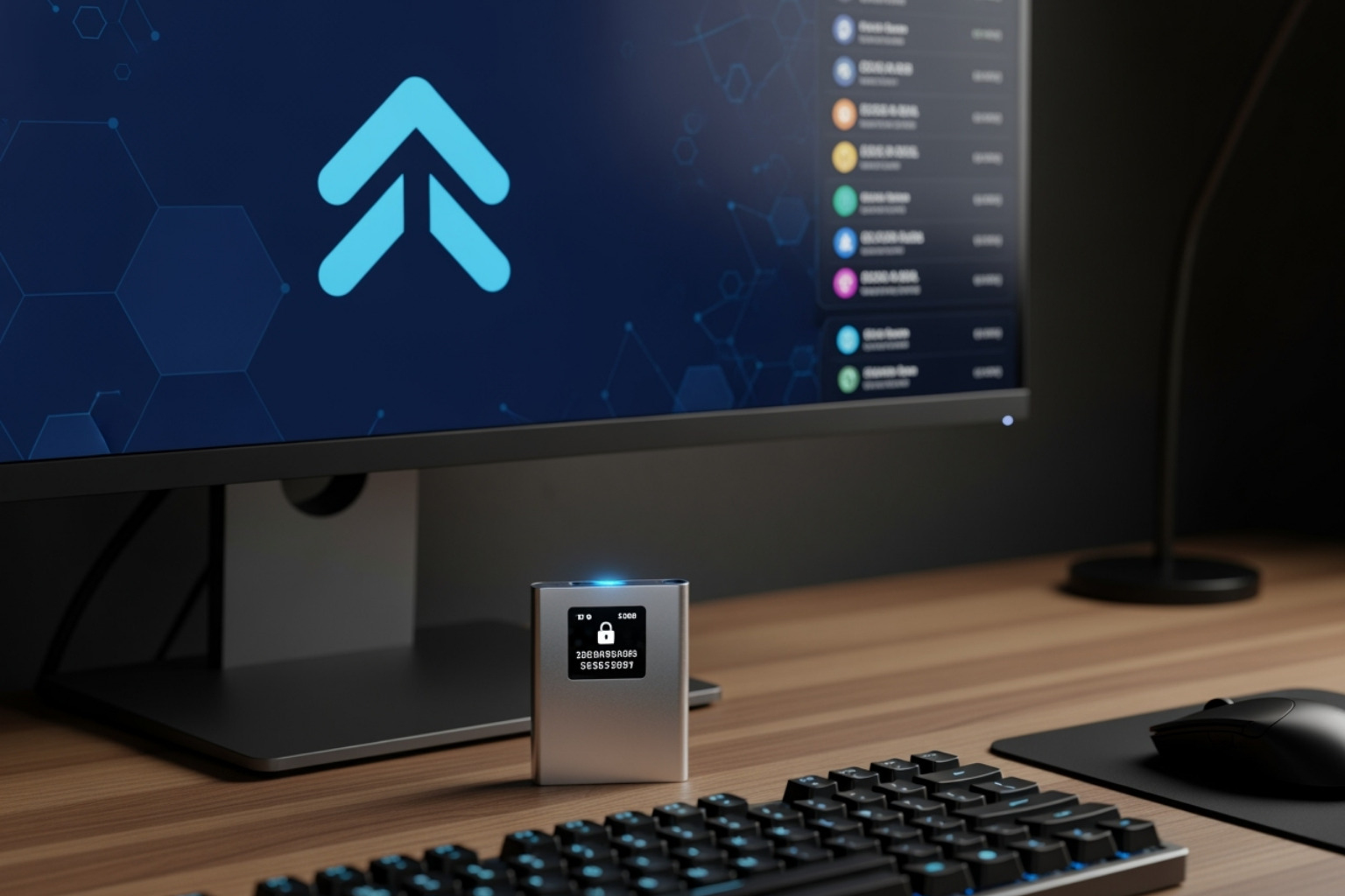 Hardware wallet next to a computer screen showing the Crypto30x.com logo - crypto30x.com defi