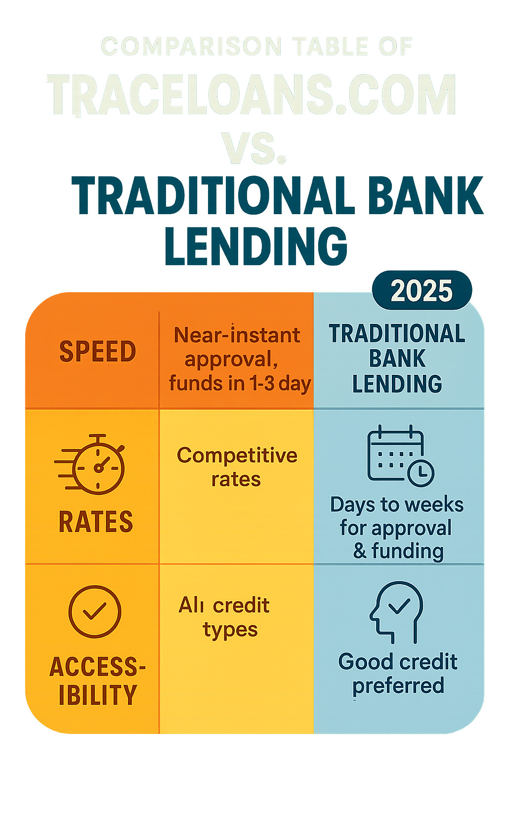 Comparison table of Traceloans.com vs. Traditional Bank Lending on speed, rates, and accessibility - traceloans.com personal loans infographic 