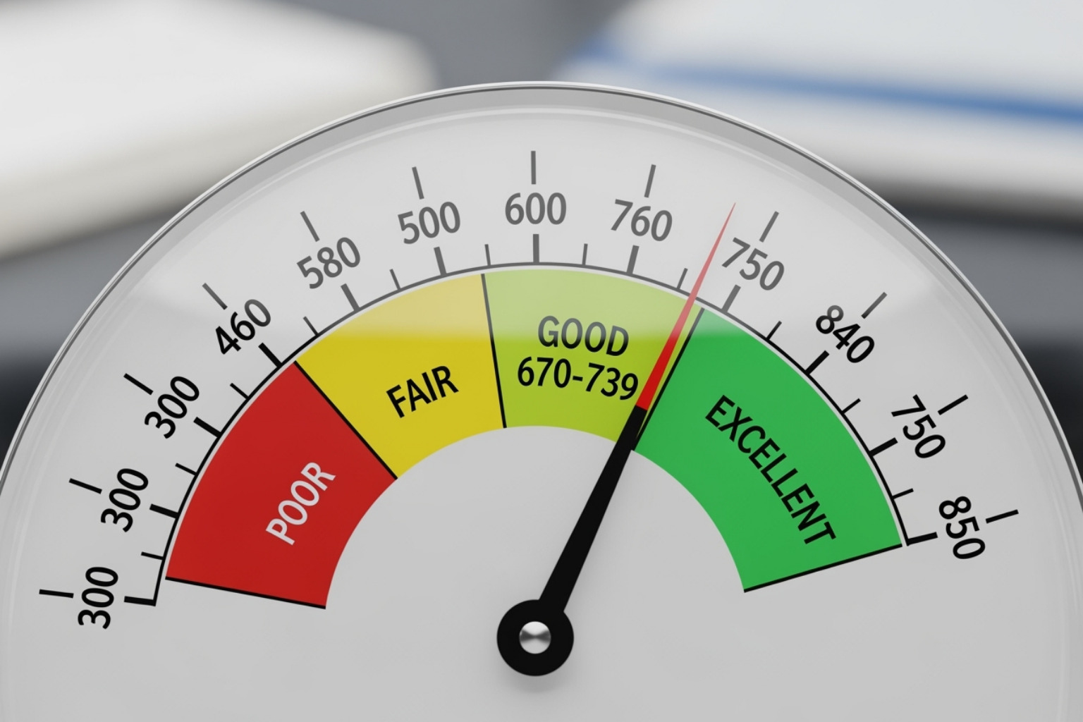 Credit score meter pointing towards the "Good" section - traceloans.com auto loans