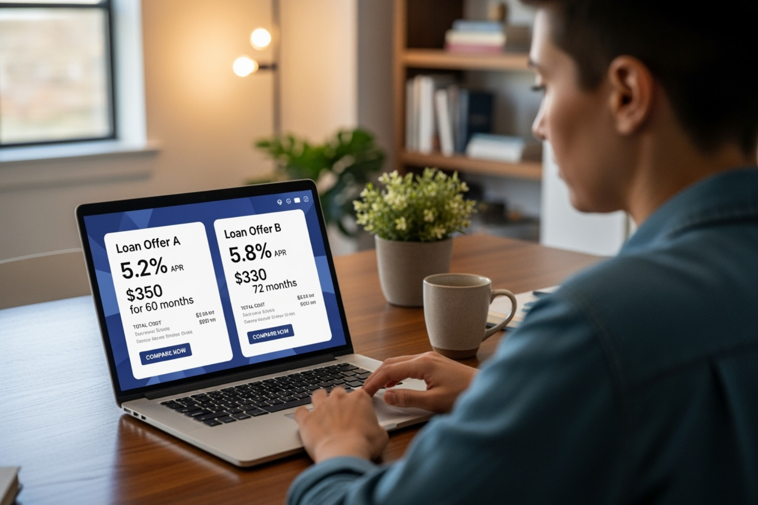 Person comparing two loan offers side-by-side on a computer screen - traceloans.com auto loans