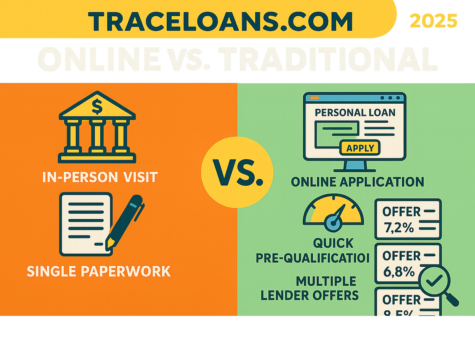 Infographic showing the difference between traditional bank personal loans requiring in-person visits, lengthy paperwork, and single offers versus digital marketplace platforms like Traceloans.com offering online applications, quick pre-qualification, and multiple lender offers with transparent comparison tools - traceloans.com personal loans infographic 