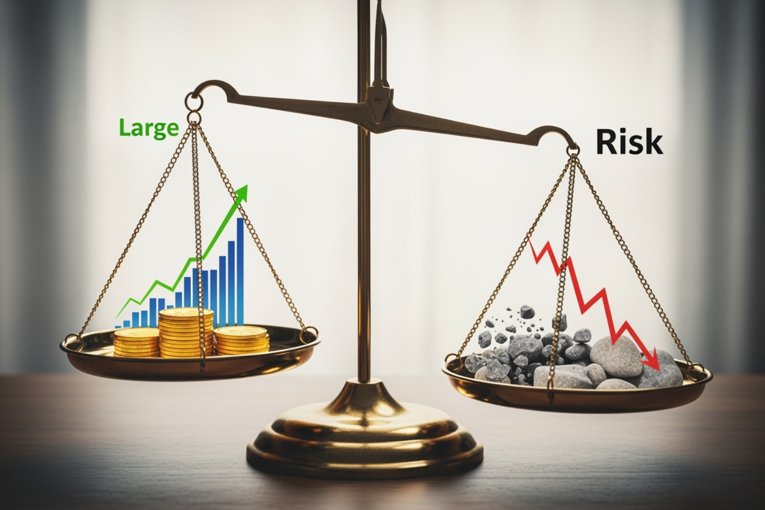 A balanced scale with "High Reward" on one side and "High Risk" on the other, illustrating the inherent trade-off in leveraged cryptocurrency trading. - crypto30x.com asx