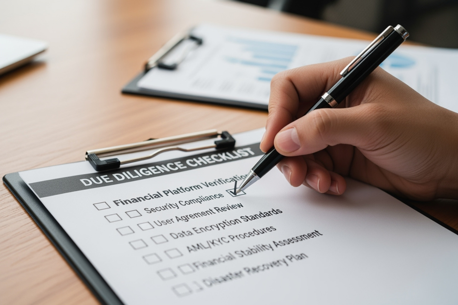 A checklist on a clipboard with a pen ticking off items like "Security" and "Regulation," symbolizing the thorough verification process for platform legitimacy. - crypto30x.com asx