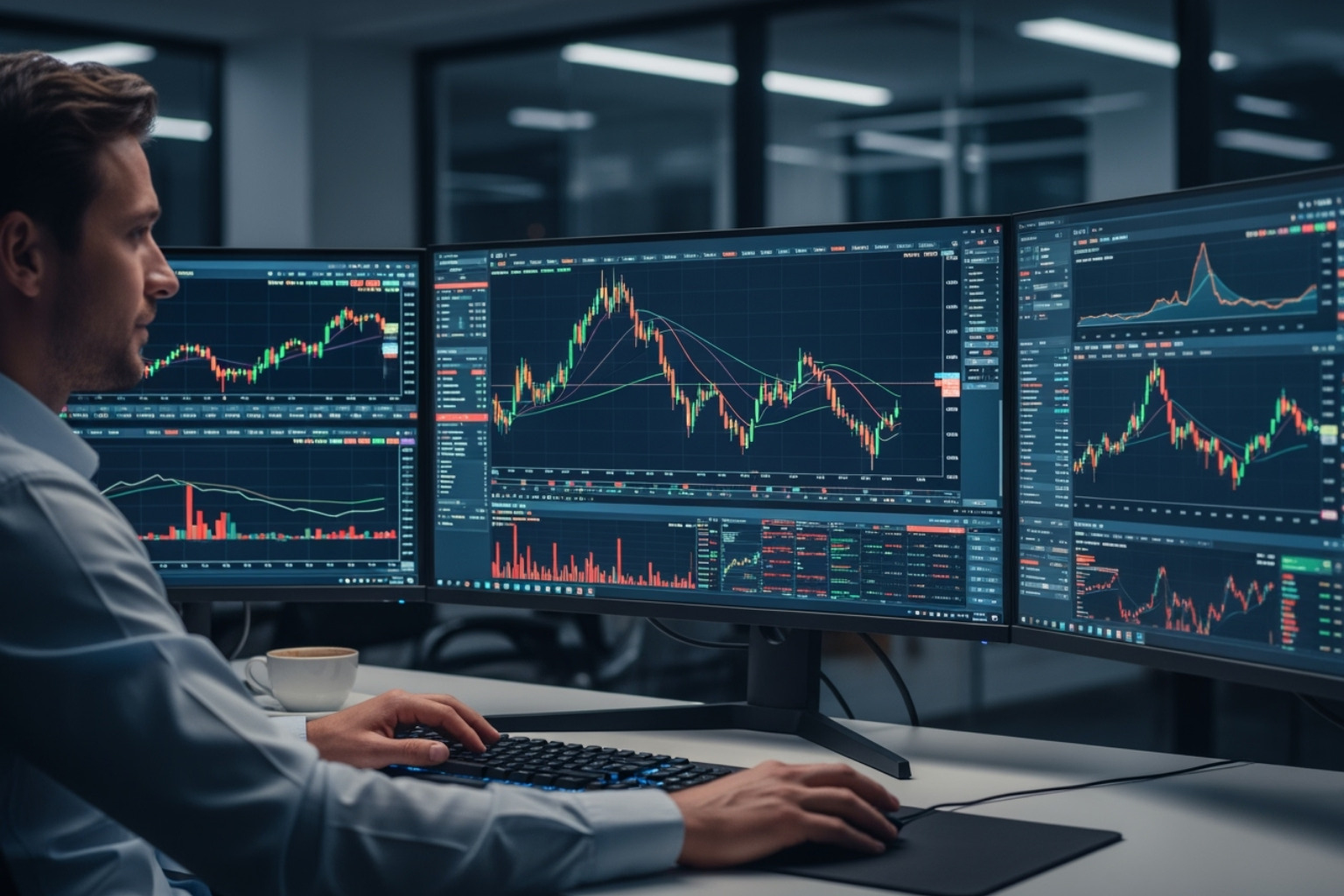 A person at a desk with multiple monitors, calmly analyzing charts, representing strategic and secure trading practices. - crypto30x.com asx
