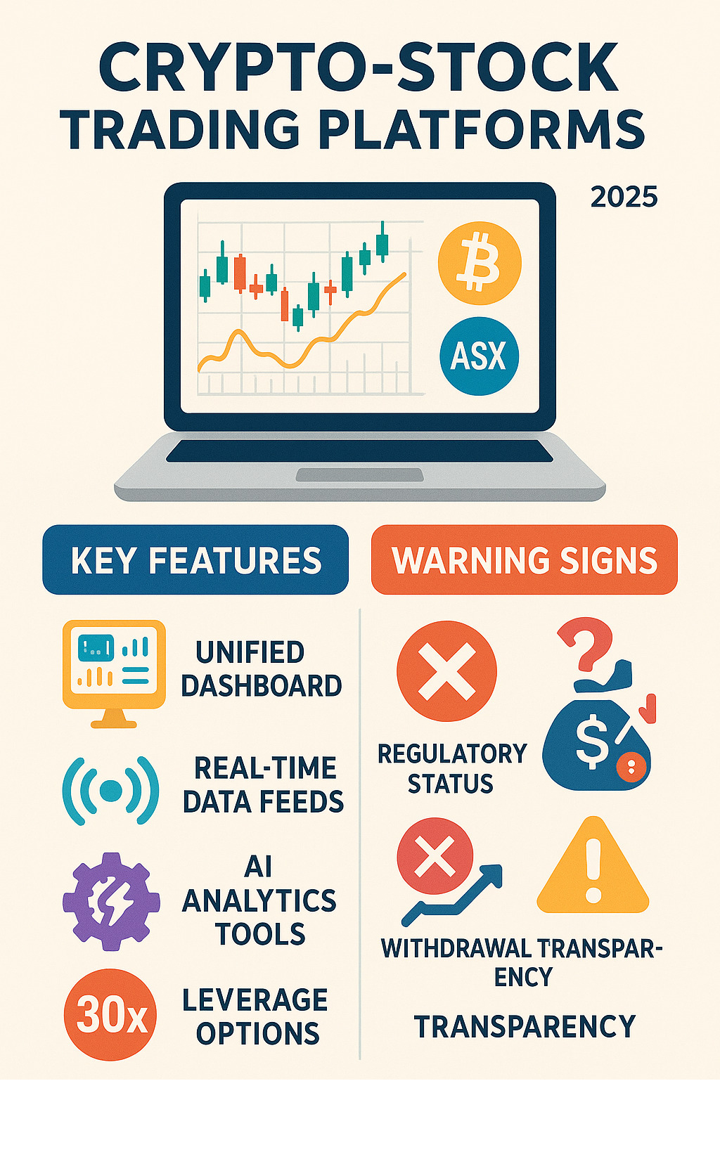 Detailed infographic showing the structure of integrated crypto-stock trading platforms, highlighting key features like unified dashboards, real-time data feeds, AI analytics tools, leverage options, and warning signs to watch for including regulatory status, withdrawal policies, and transparency indicators - crypto30x.com asx infographic 