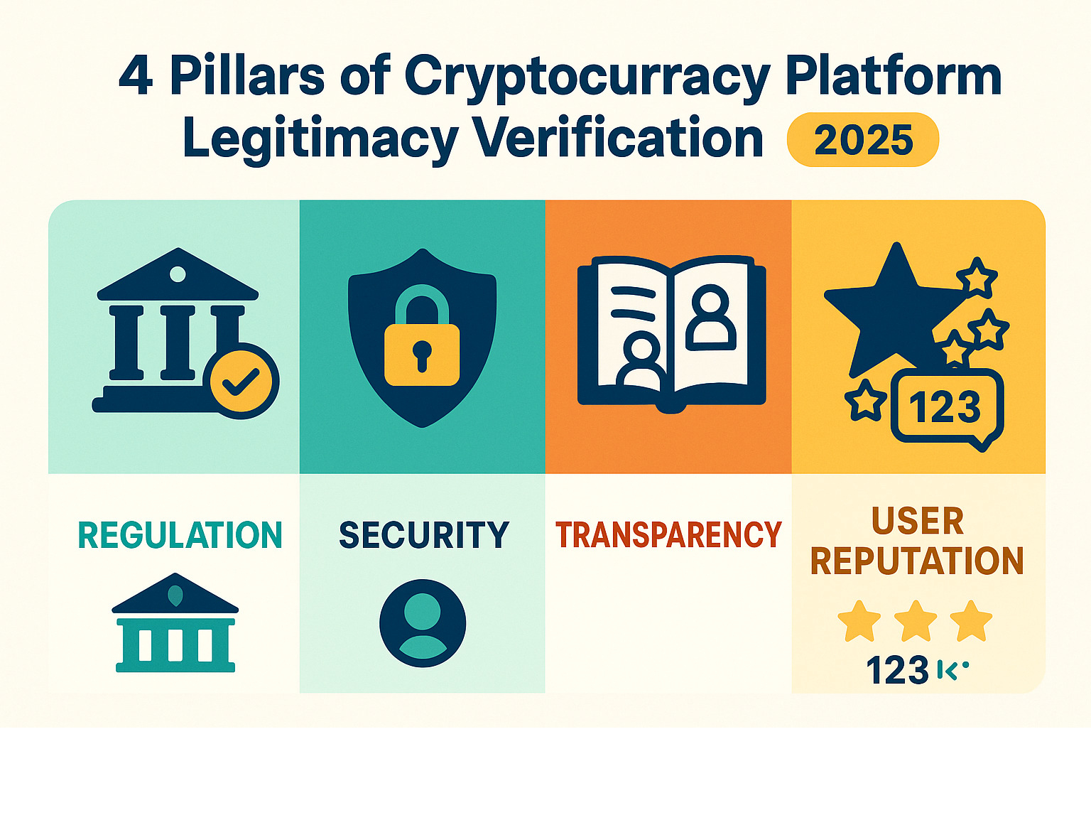 Infographic showing the 4 pillars of cryptocurrency platform legitimacy verification: Regulation compliance with government oversight icons, Security measures with shield and lock symbols, Transparency indicators with open book and team photos, and User Reputation metrics with star ratings and review counts - crypto30x.com asx infographic 