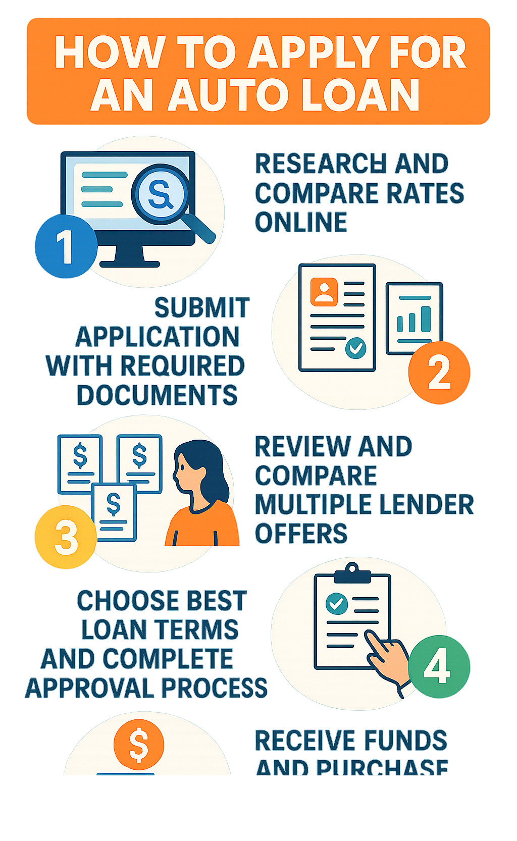 Detailed infographic showing the 5 stages of auto loan journey: 1. Research and compare rates online, 2. Submit application with required documents, 3. Review and compare multiple lender offers, 4. Choose best loan terms and complete approval process, 5. Receive funds and purchase your vehicle - traceloans.com auto loans infographic 