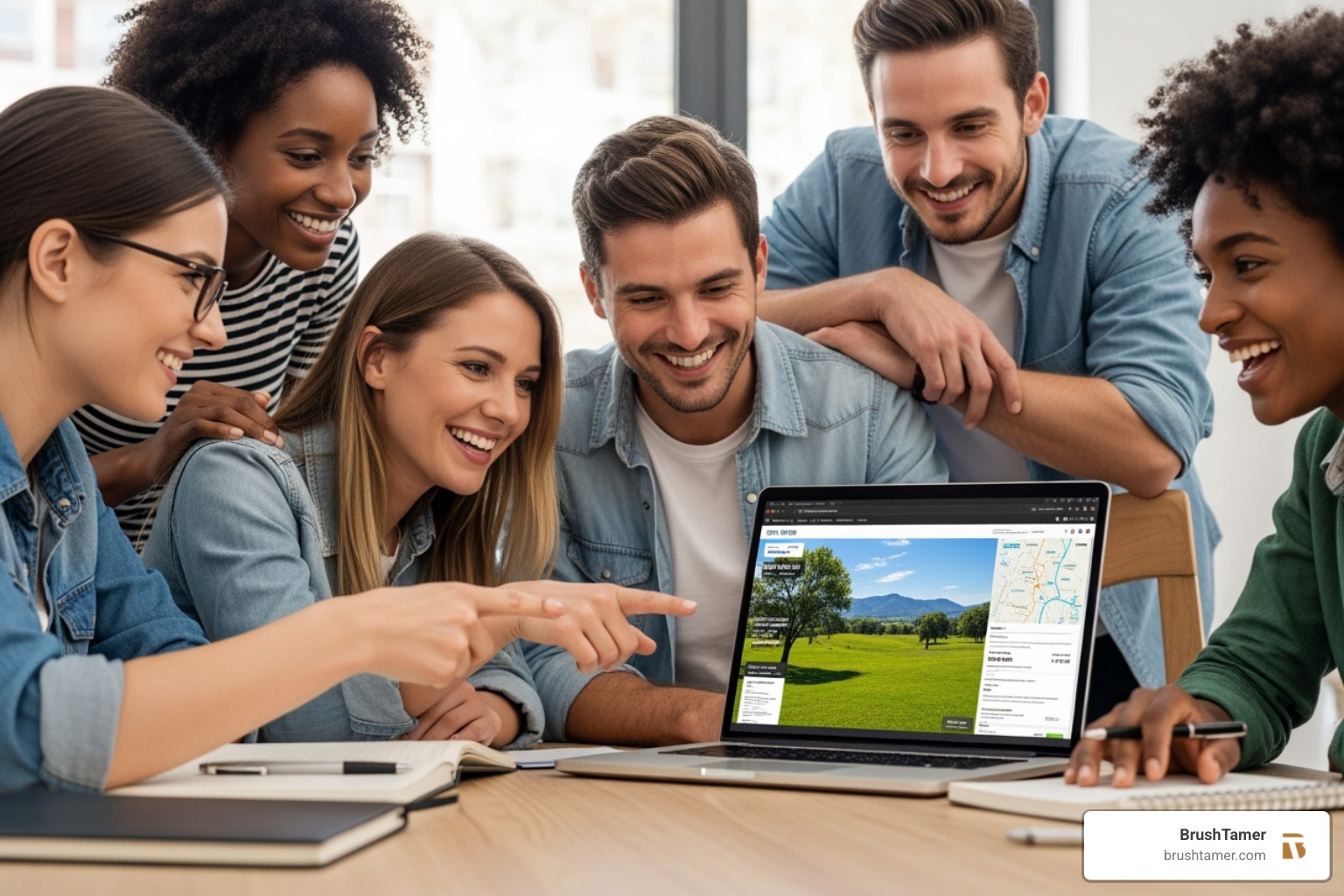 Laptop screen showing an online real estate listing for a plot of land, with a diverse people looking at it - buy land Laptop screen showing an online real estate listing for a plot of land, with a diverse people looking at it - buy land