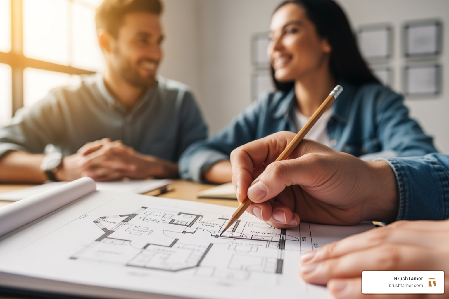 Person sketching a house plan on a notepad, with a male and female figure discussing in the background - buy land Person sketching a house plan on a notepad, with a male and female figure discussing in the background - buy land