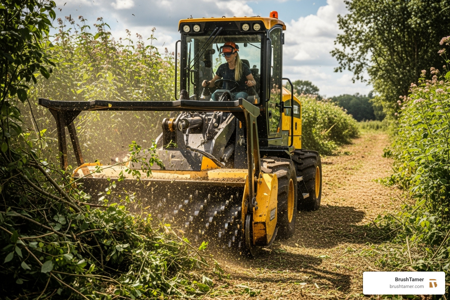 Forestry mulcher clearing overgrown vegetation from a plot of land, with a female operator - buy land Forestry mulcher clearing overgrown vegetation from a plot of land, with a female operator - buy land
