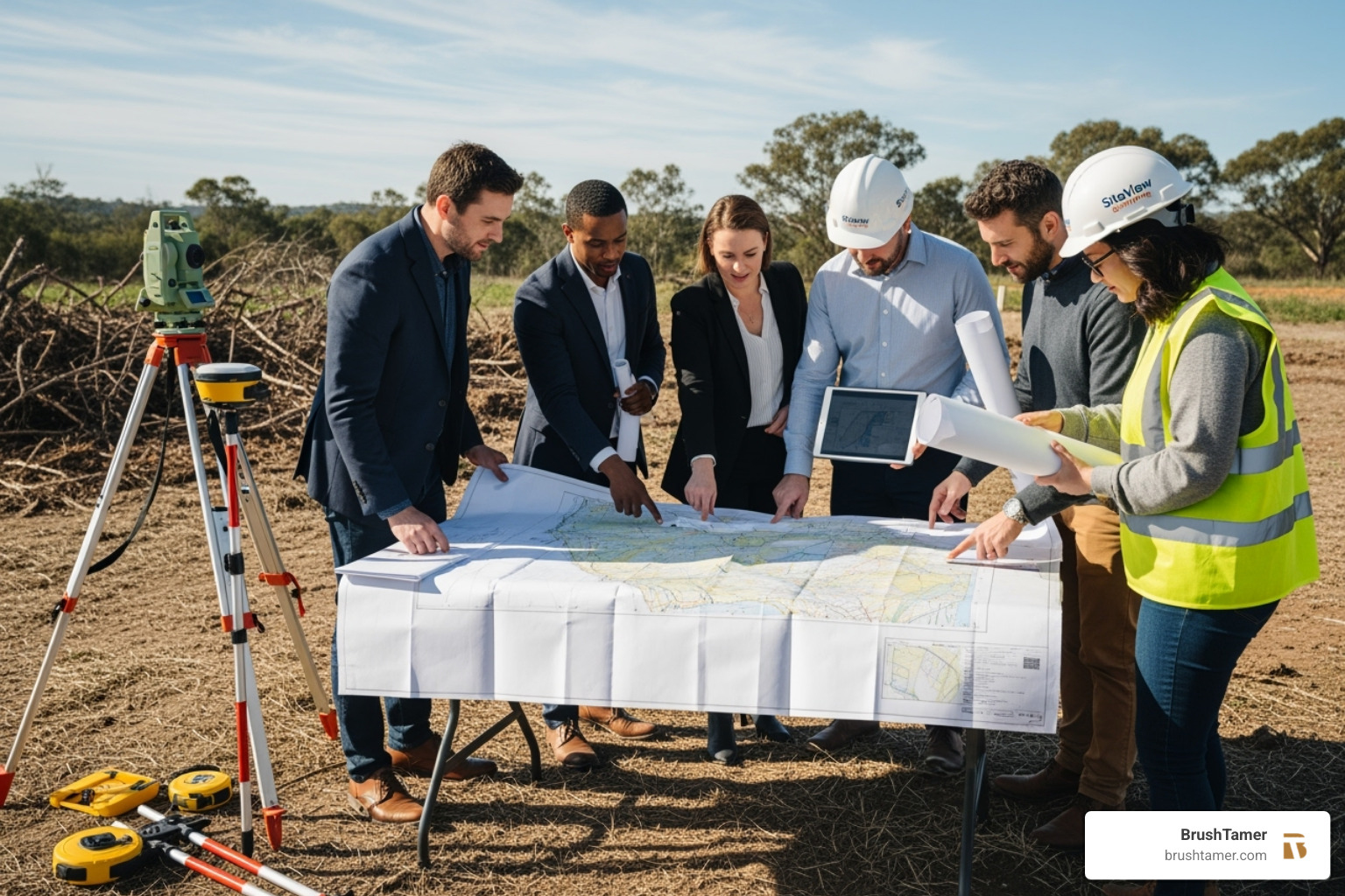 Surveyor's map and tools on a plot of land, with a diverse team reviewing documents - buy land Surveyor's map and tools on a plot of land, with a diverse team reviewing documents - buy land