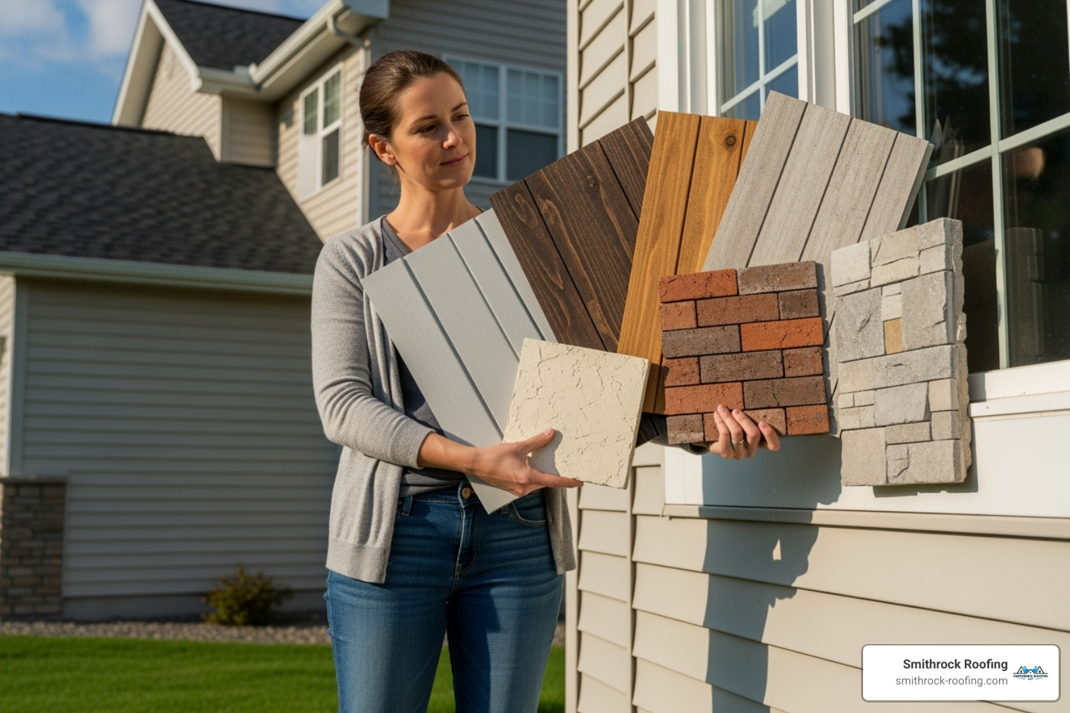 homeowner comparing different cladding color and texture samples against their house - Durable exterior cladding