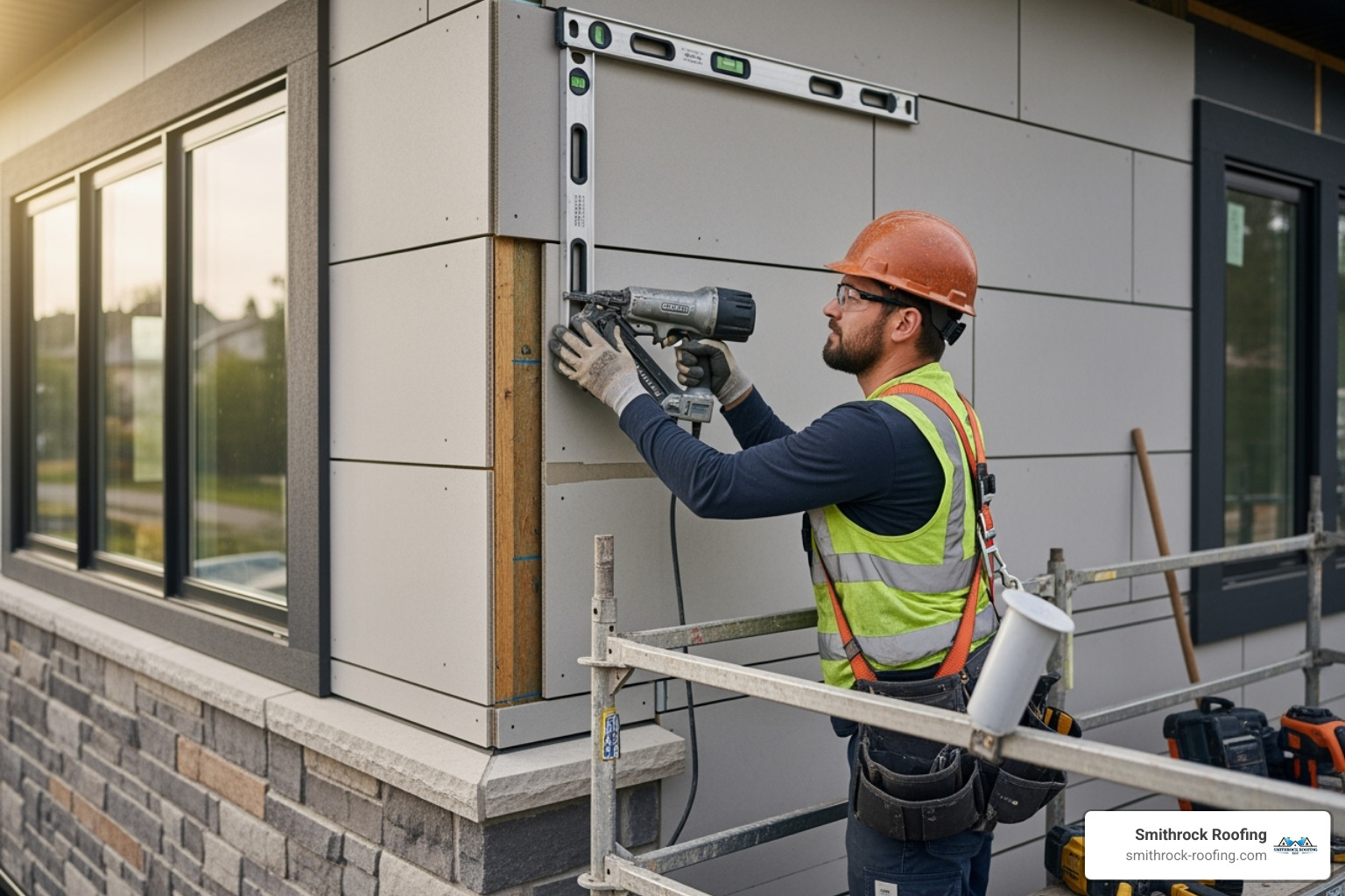professional contractor correctly installing a fiber cement panel - Durable exterior cladding
