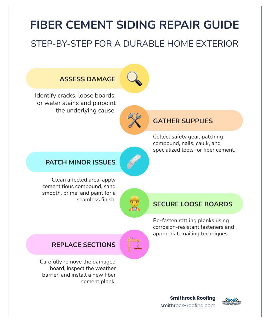 Infographic showing step-by-step fiber cement siding repair process including damage assessment, tool gathering, patching small holes, securing loose boards, and replacing damaged sections with proper safety equipment and materials - Fiber cement siding repair infographic infographic-line-5-steps-colors