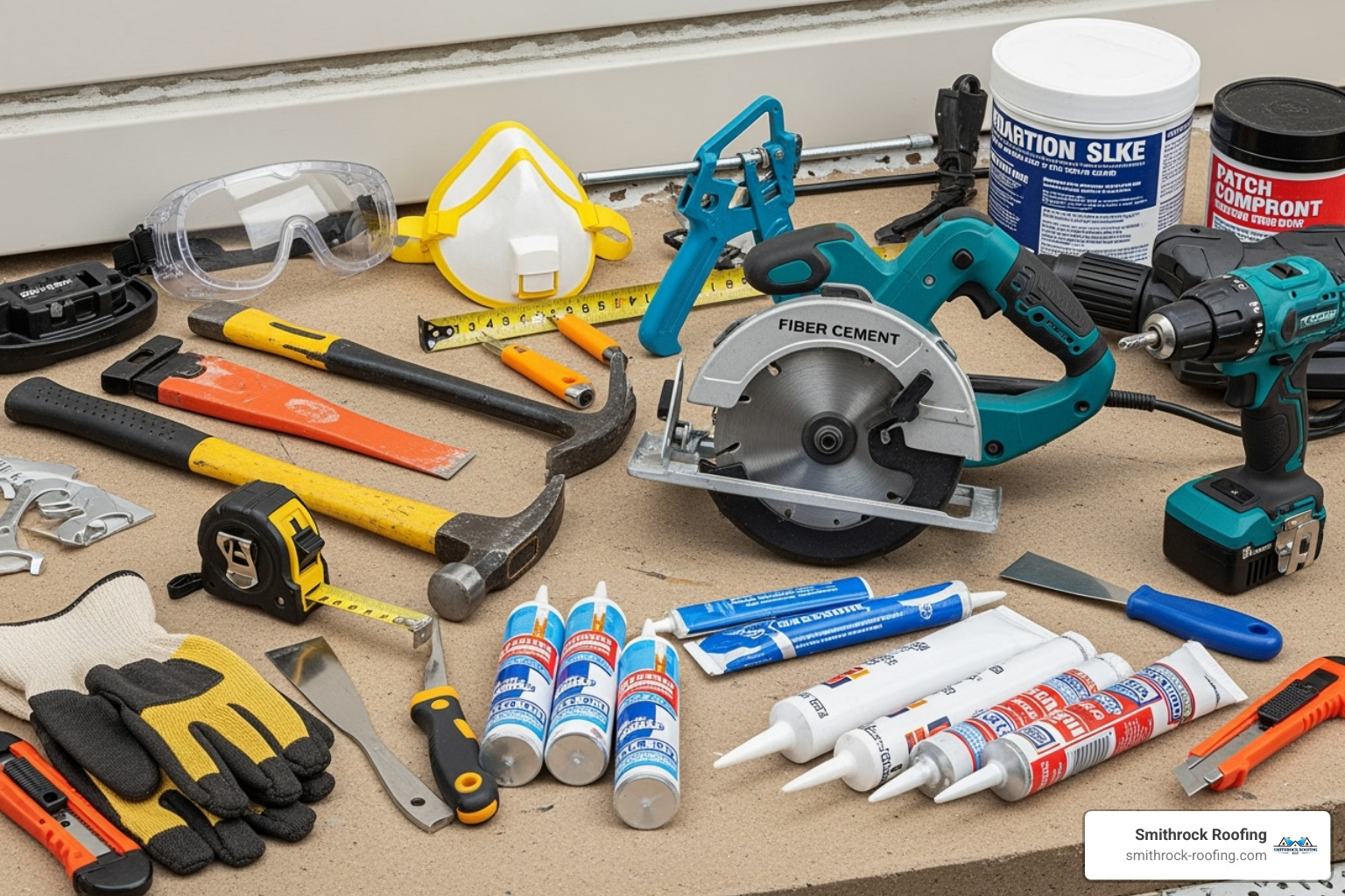 A collection of essential tools for fiber cement siding repair, including safety gear, hand tools like a hammer and pry bar, and repair materials like caulk and patching compound. - Fiber cement siding repair