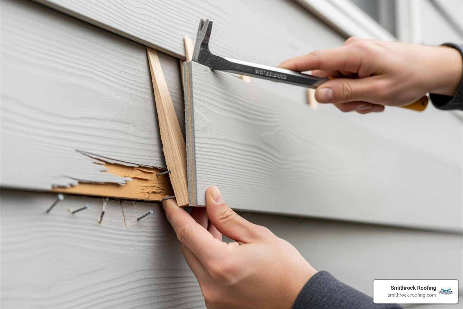 Illustration showing the careful removal of a damaged fiber cement siding plank using a pry bar and shims to avoid damaging adjacent boards. - Fiber cement siding repair