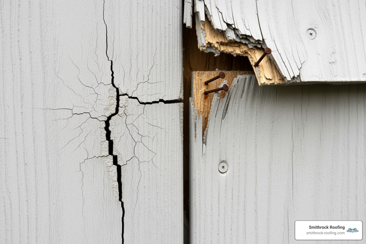 A close-up image of a cracked fiber cement siding board next to a loose one, highlighting visible damage that requires repair. - Fiber cement siding repair
