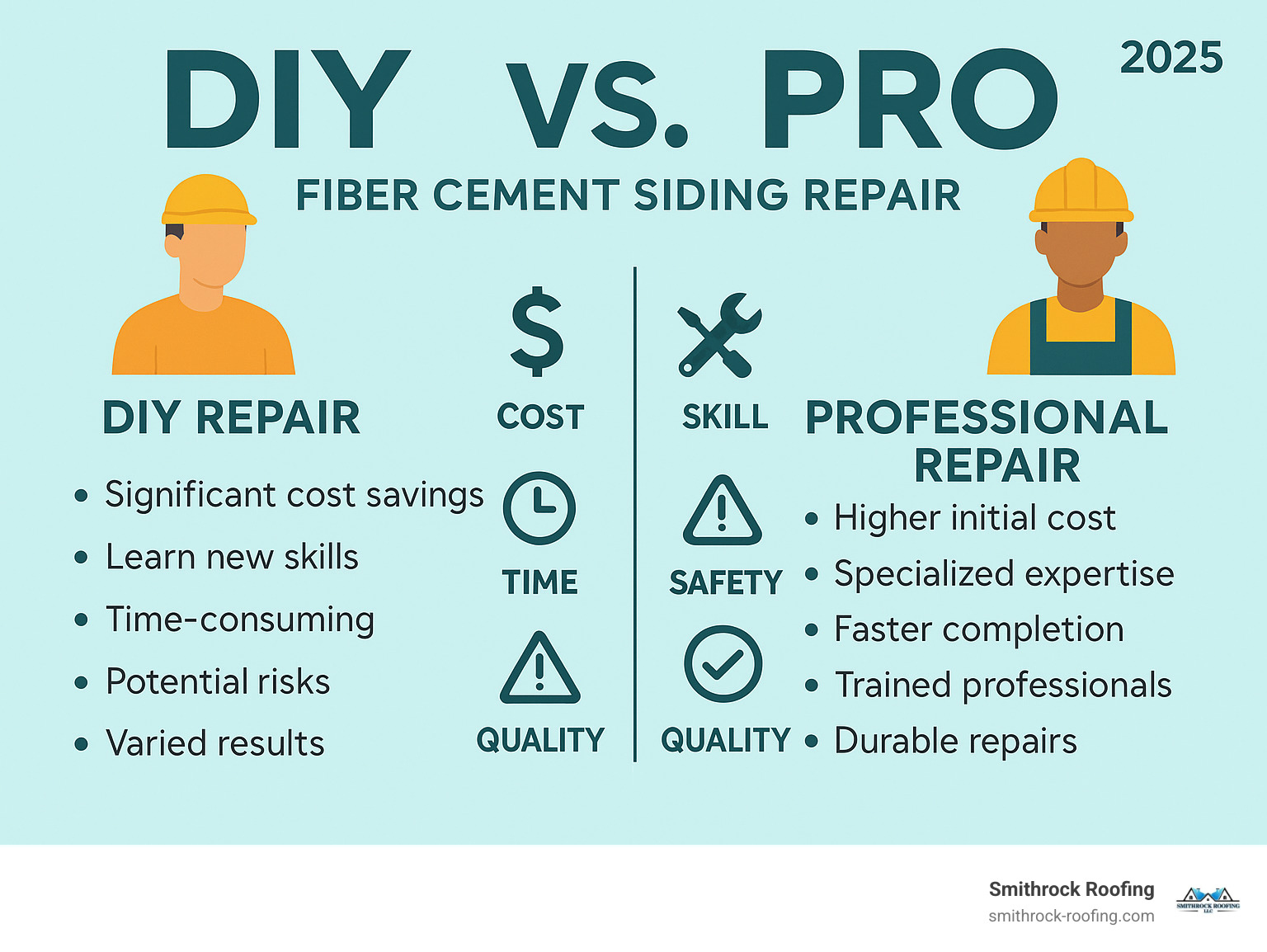 Infographic comparing the pros and cons of DIY fiber cement siding repair versus professional repair, highlighting factors like cost, skill, time, safety, and quality. - Fiber cement siding repair infographic 