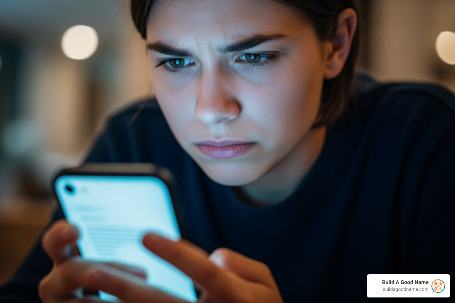 A person looking frustrated at their phone while reading a review - yelp customer reviews