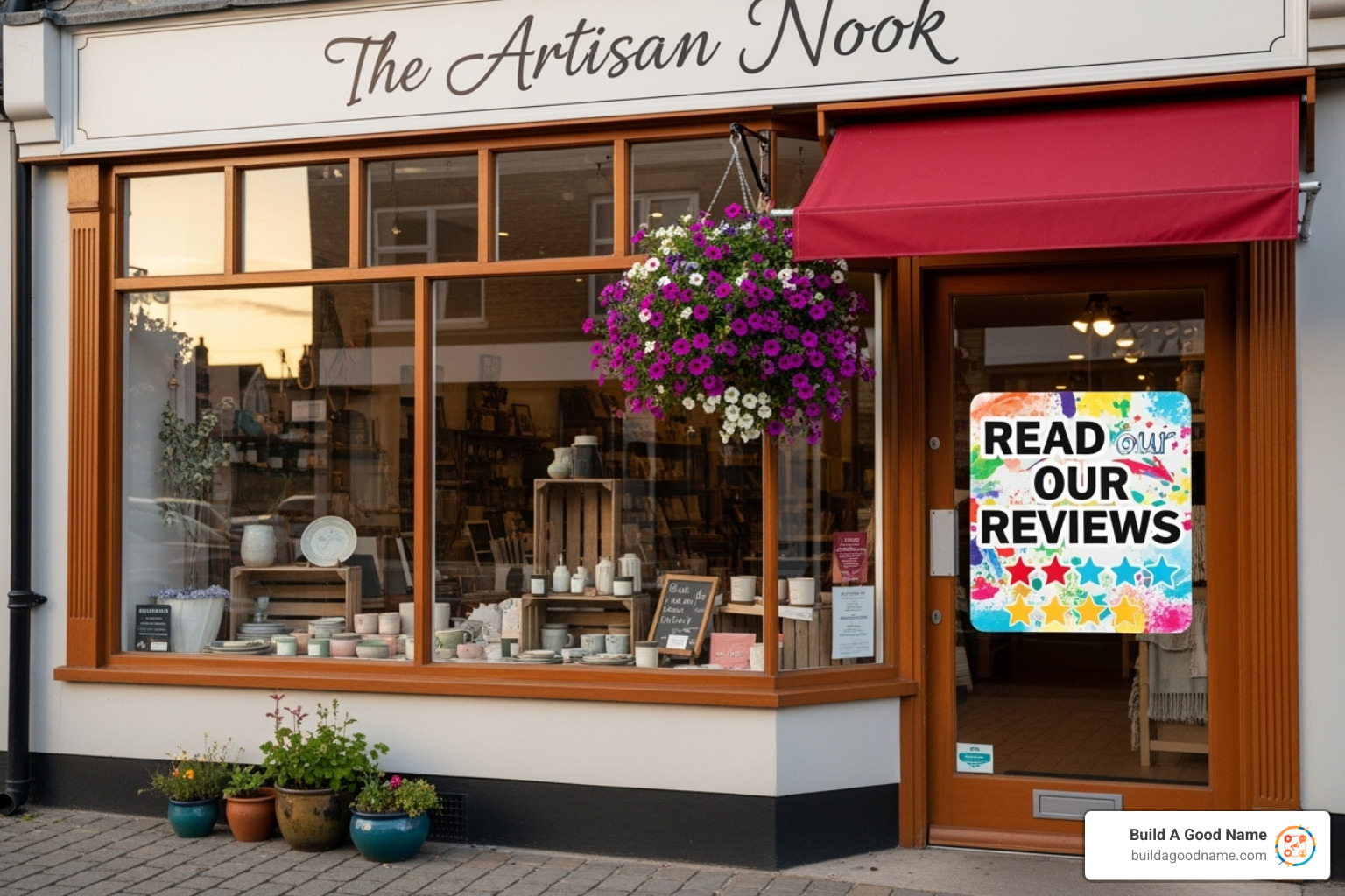 A small business storefront with a "Read our reviews" sticker - yelp customer reviews