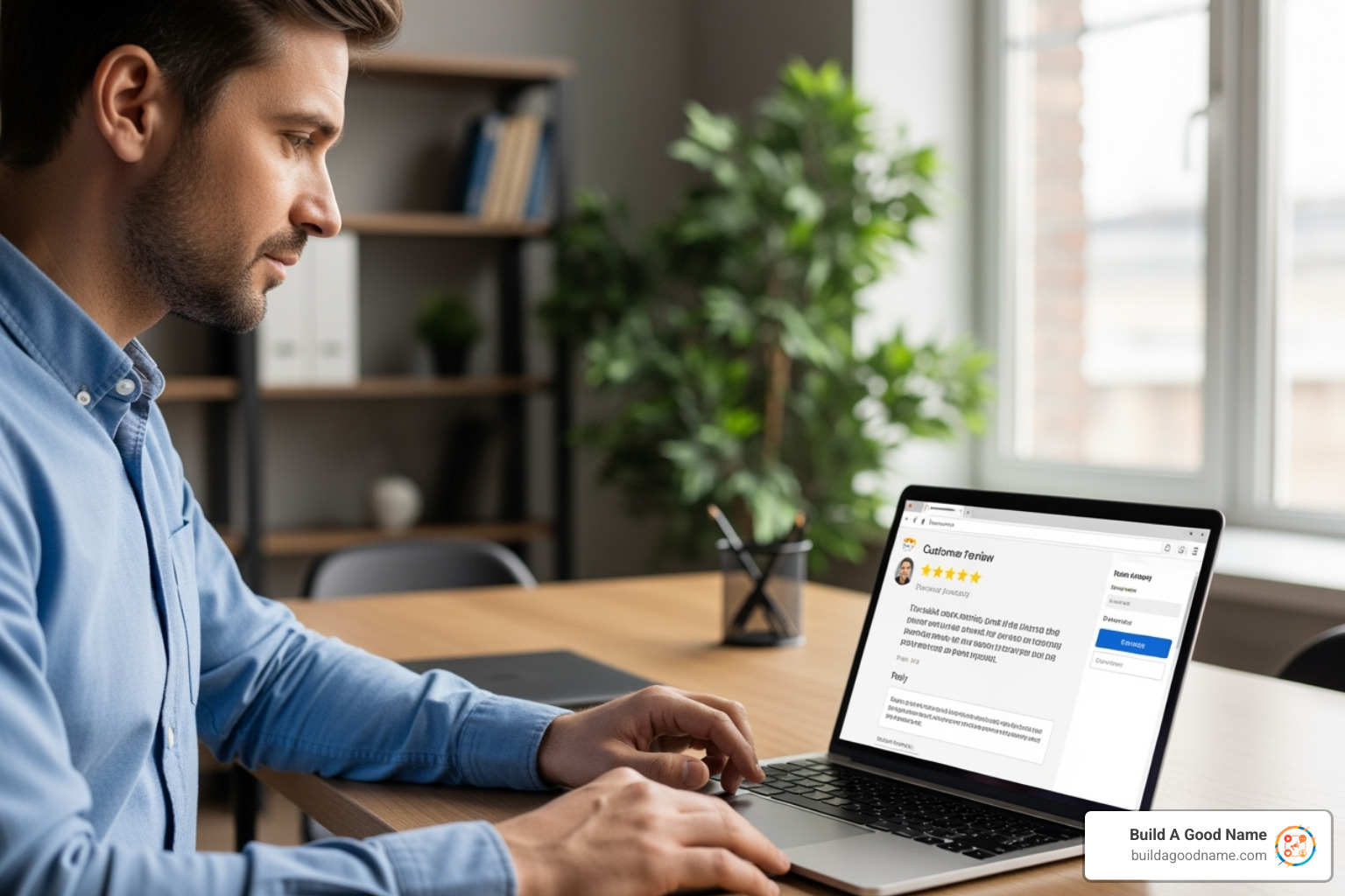 A business owner thoughtfully replying to a review on a laptop - yelp customer reviews