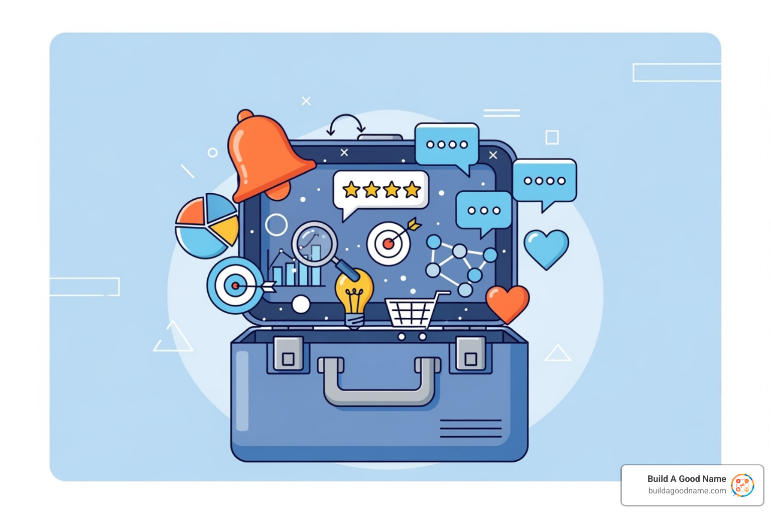 digital toolbox filled with icons for alerts, reviews, and social media - free reputation management tools