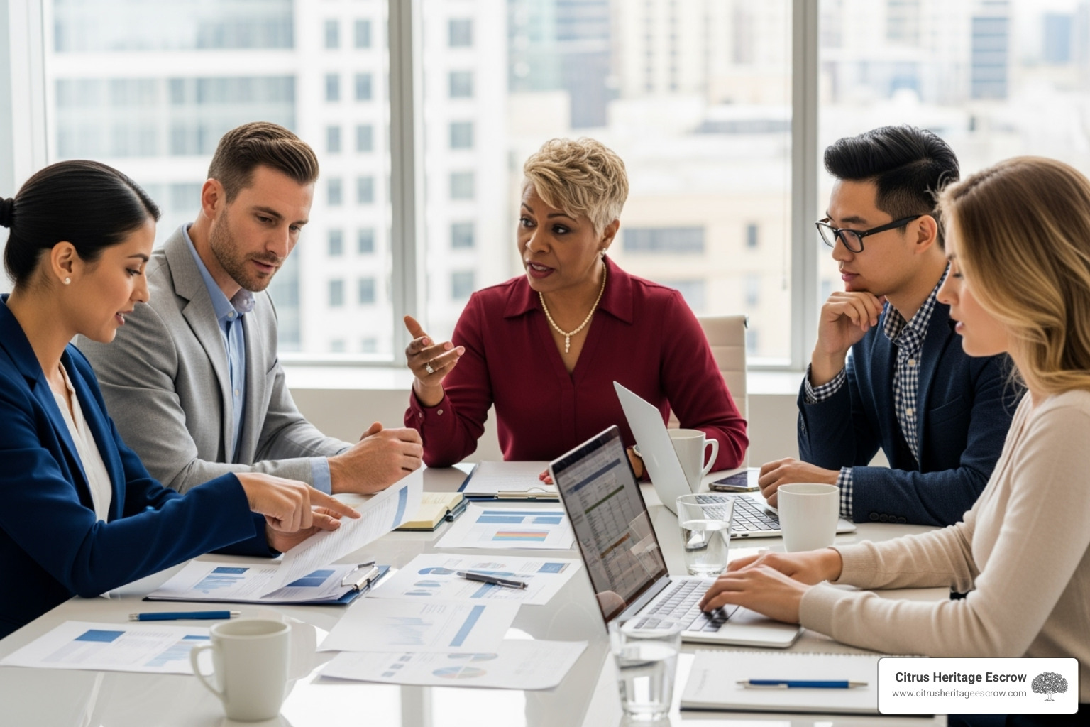 Group of professionals around a table with documents - Home buying escrow process