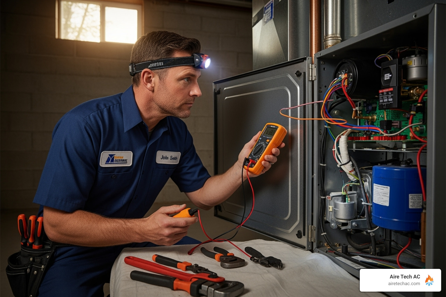 professional HVAC technician inspecting a furnace - heater not blowing air in house professional HVAC technician inspecting a furnace - heater not blowing air in house