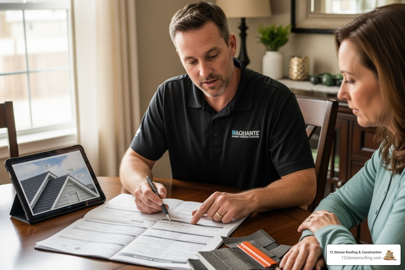 A roofing expert providing a detailed written estimate to a homeowner - Pasadena roof replacement