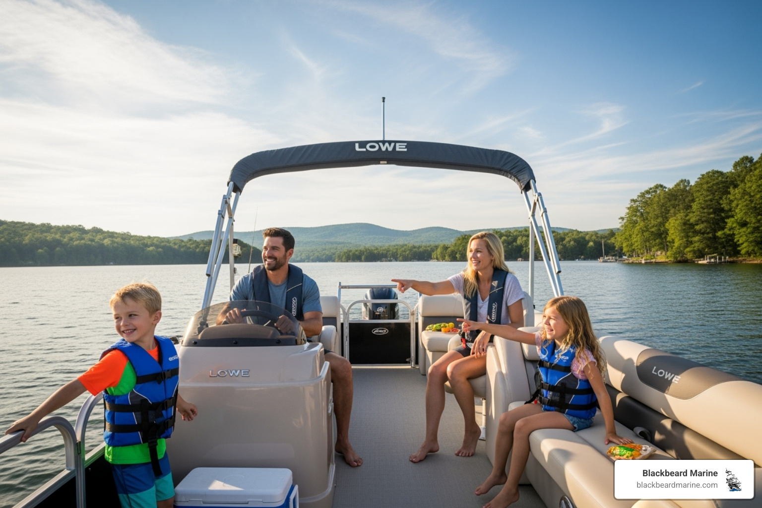 Family enjoying a Lowe pontoon boat - boat dealer Oklahoma city