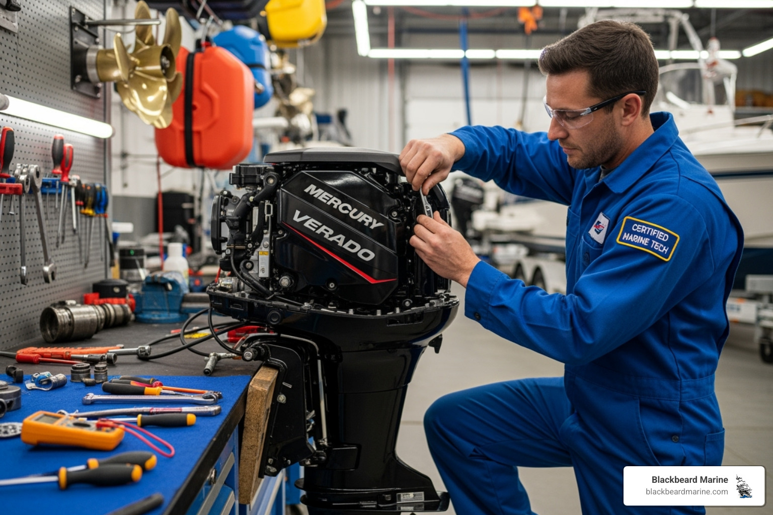 Technician working on an outboard motor - boat dealer Oklahoma city