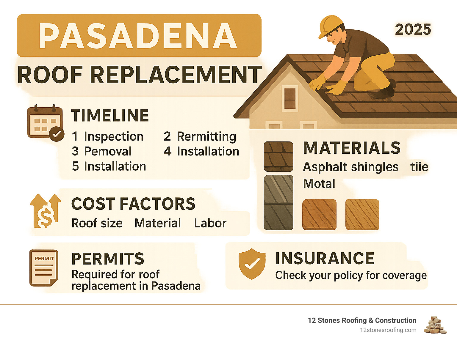 Comprehensive guide showing roof replacement timeline, cost factors, and material comparison for Pasadena homeowners including permit requirements and insurance considerations - Pasadena roof replacement infographic pillar-5-steps