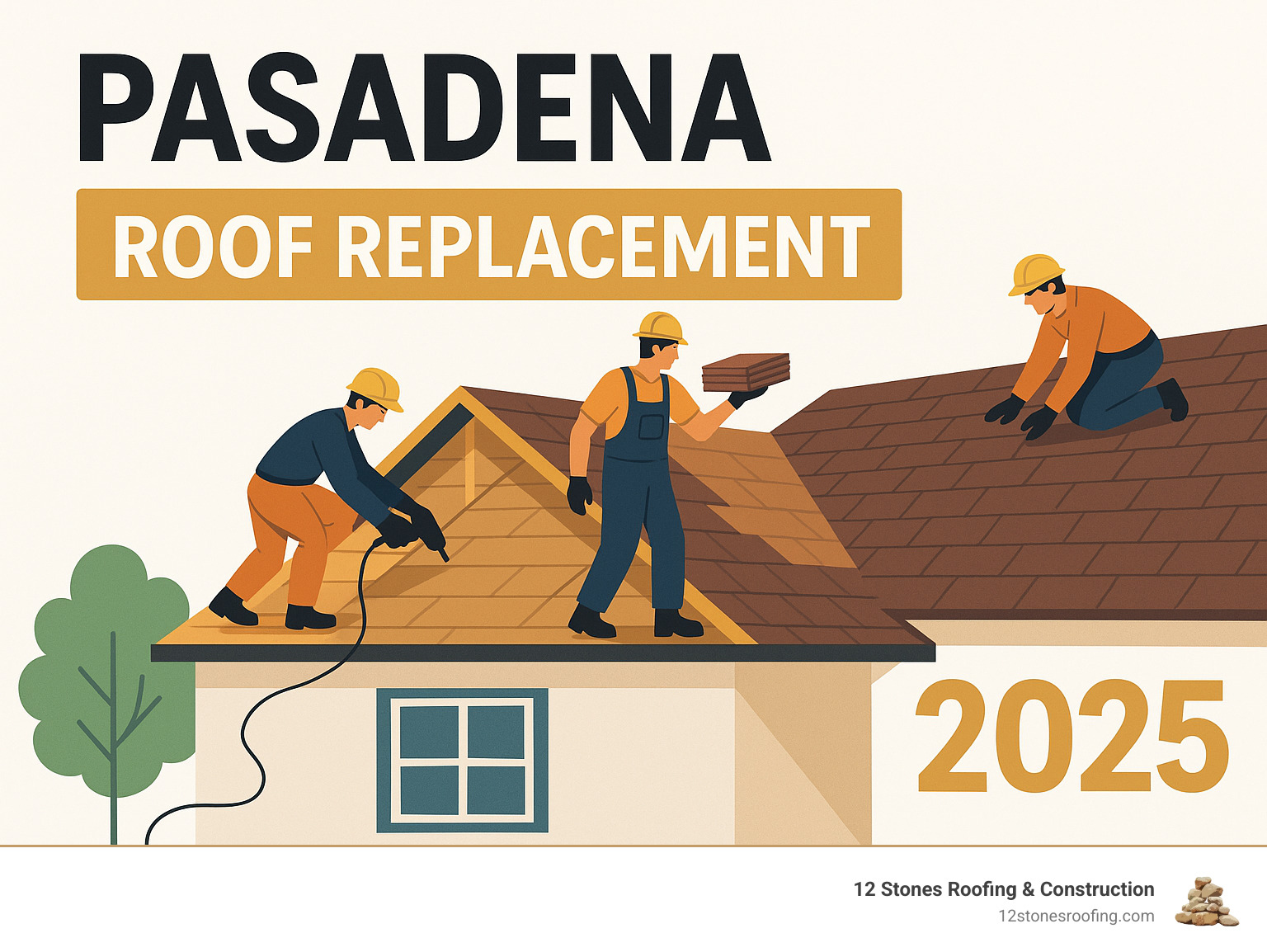 A professional roofing crew at work on a residential roof replacement - Pasadena roof replacement