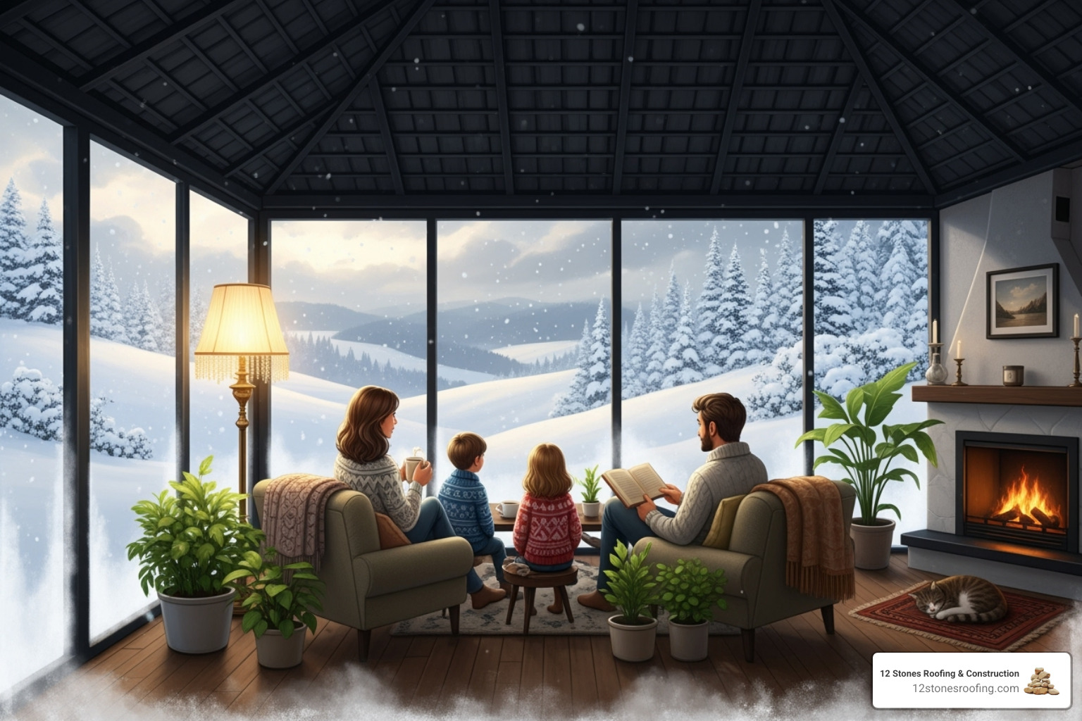 Family comfortably using their tiled-roof conservatory in winter, with snow visible outside - tiled conservatory roof cost