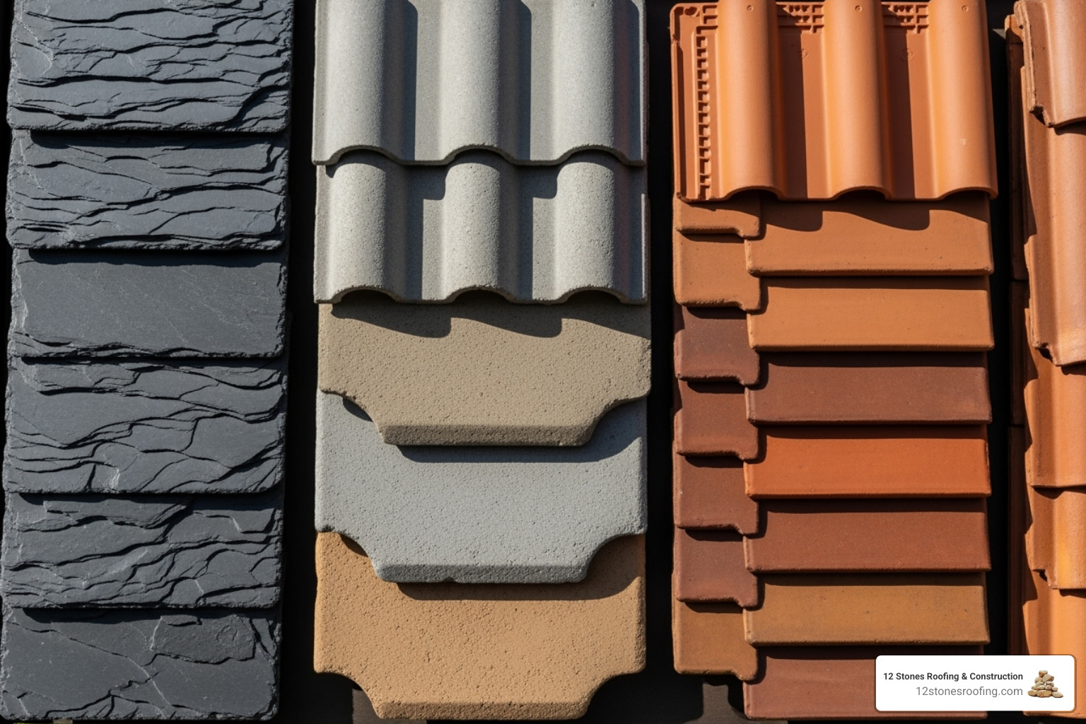 Various tile samples like composite slate, lightweight concrete, and clay tiles - tiled conservatory roof cost