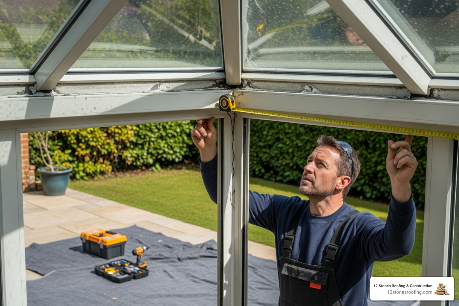 Contractor inspecting an existing conservatory frame before a roof replacement - tiled conservatory roof cost